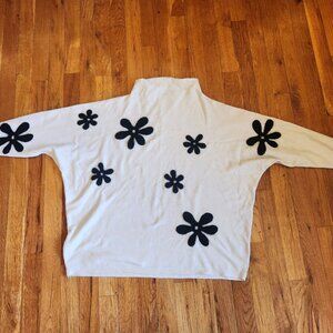Aeda Cream Oversized Mock Neck Sweater w/Black Felt Flowers Size XL
